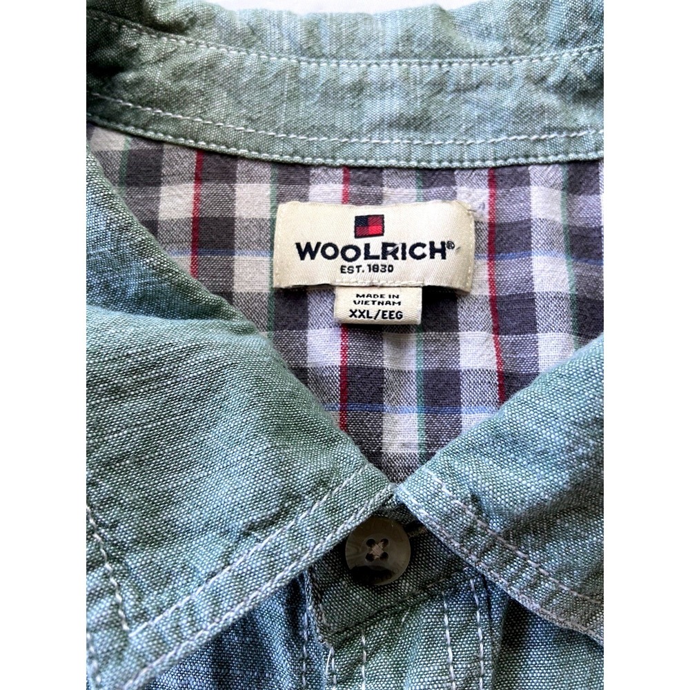 Woolrich Mens XXL Short Sleeve Button Down Shirt Sage Green Linen Blend Utility